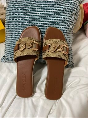 Women's Tan Chain-Detail Slide Sandals